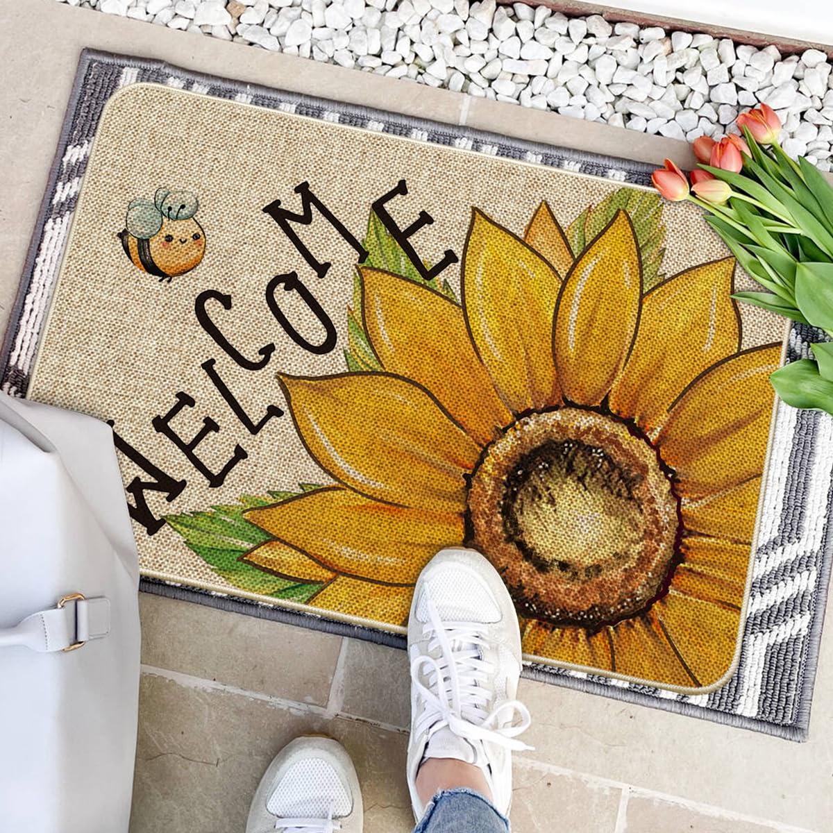 Artoid Mode Sunflowers Bee Welcome Summer Doormat, Seasonal Summer Holiday Yard Floor Switch Mat for Indoor Outdoor 24x35 Inch