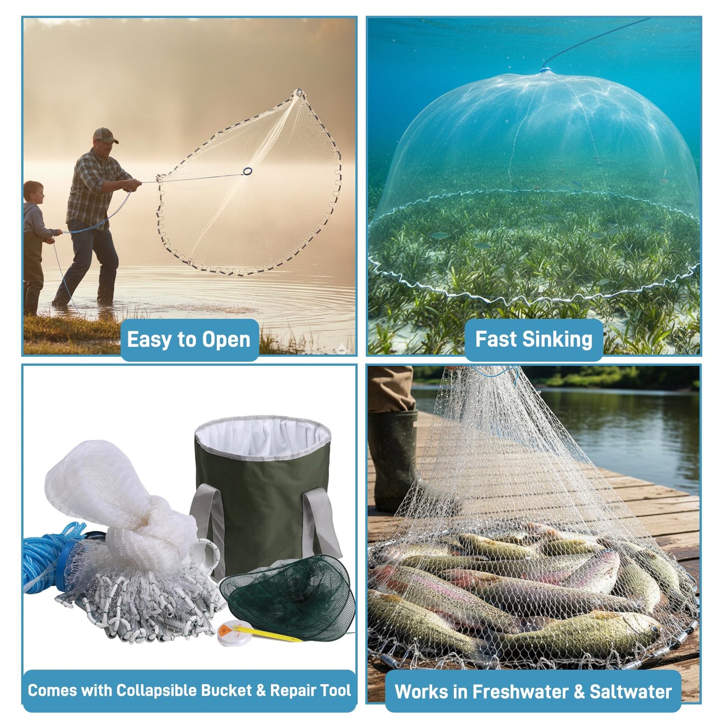 Handmade American Cast Net, Yeahmart Casting Fishing Net for Bait Trap Fish, Throw Nets with Zinc Sinker Weights Fishing Bucket for Freshwater & Salt Water (4 Ft, 1/2 Inch Mesh Size)