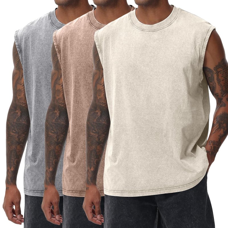 Yimoon Mens Tank Tops Workout Sleeveless Shirts Cotton Acid Wash Tees Loose Gym Muscle Shirts(GreyKhakiBeige-XL)