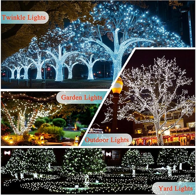 OZS 6 Pack 480LED Solar String Lights Outdoor, Waterproof 8 Modes Solar Tree Light, Green Wire Christmas Lights Outdoor for Garden, Party, Wedding, Christmas Decorations (Cool White)