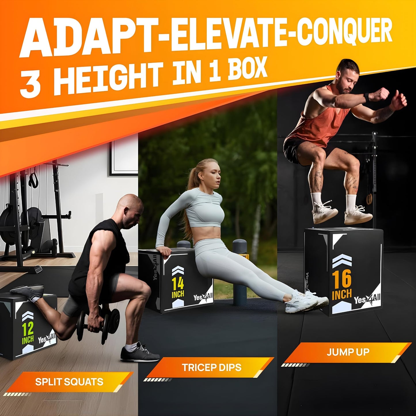 Yes4All 3-in-1 Soft-Padded Plyo Box With Wooden Core, Non-Slip Multi-Use Cushioned Plyometric Jump Box with Vinyl Cover for Jumping, Conditioning, Strength Training - 16x14x12 Inches