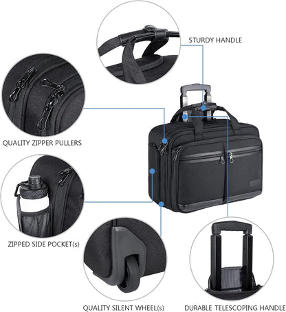 KROSER Rolling Premium Briefcase Fits Up to 17.3 Inch Laptop Water-Repellent Overnight Computer Bag with RFID Pockets for Travel/Business/School/Men/Women-Black