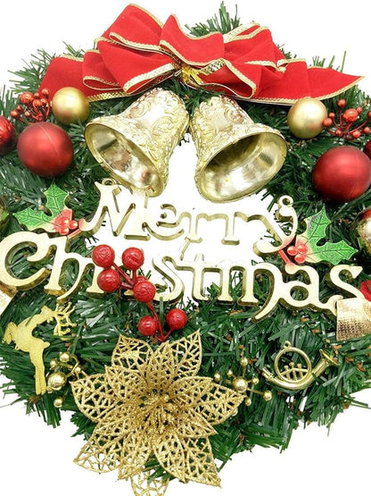 H&W Small Christmas Wreath (11.8 Inch / 30 cm) for Front Door Wall Windows Artificial Poinsettia Xmas Decoration with Tinkle Bell Bowknot and Small Ornaments (MC7-D1)