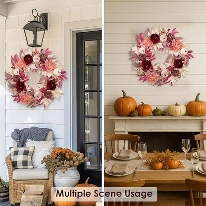 Briful 26" Artificial Fall Wreath with Velvet Pumpkins, Chrysanthemums & Pink Maple Eucalyptus Leaves – Soft Blush Autumn Wreath for Front Door, Fireplace, Wall Decor
