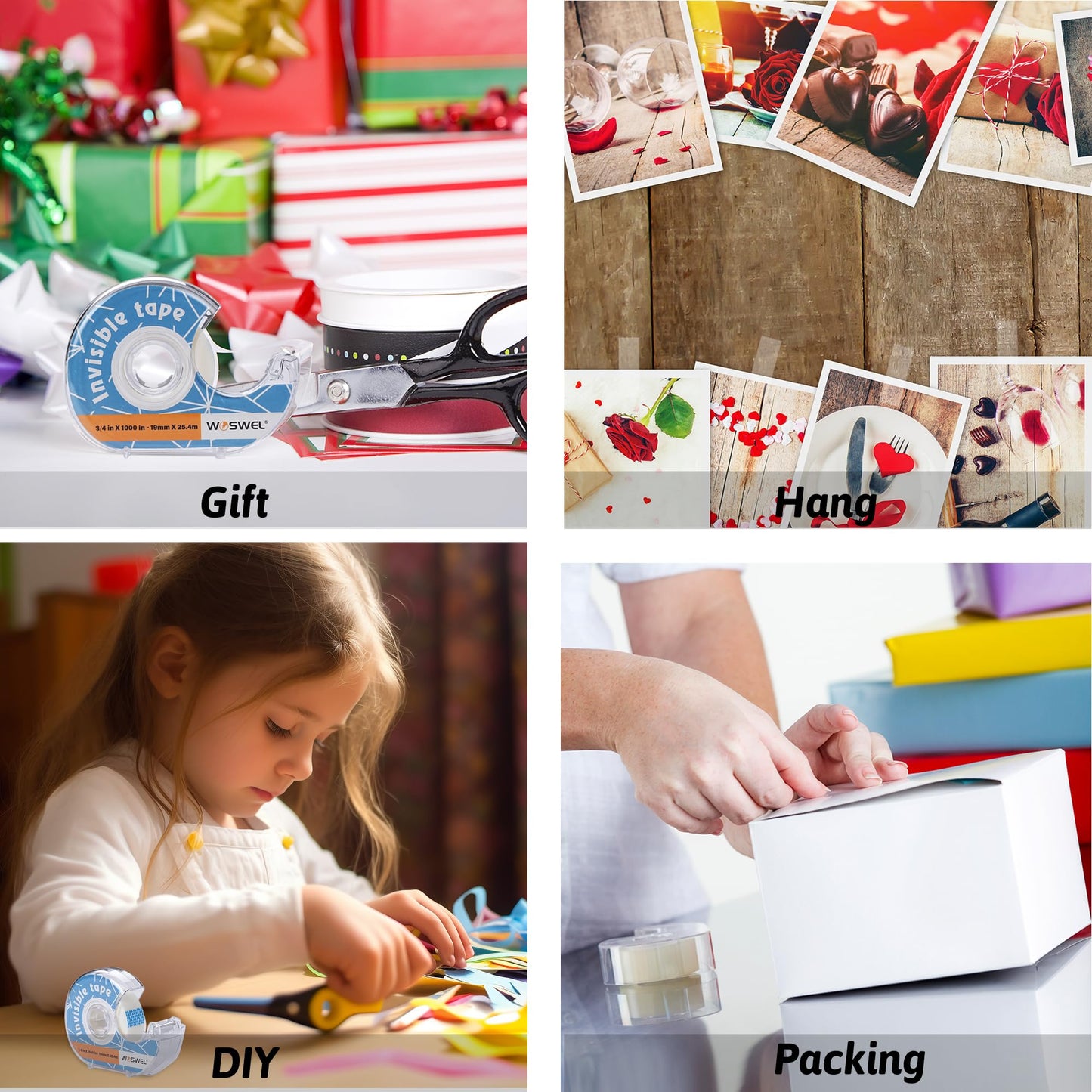 WOSWEL Tape Refills with Dispenser, 24 Roll Invisible Tapes, 3/4 Inch X 1000 in, Gift Wrapping Tapes Supplier for Home School Office Use