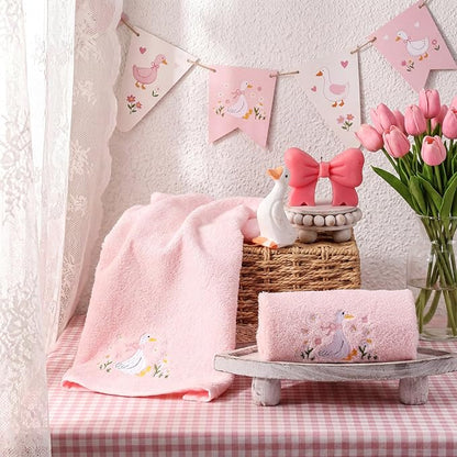2 Pcs Silly Goose Hand Towels Blush Pink Bathroom Decor 14x29 Inch Embroidered
