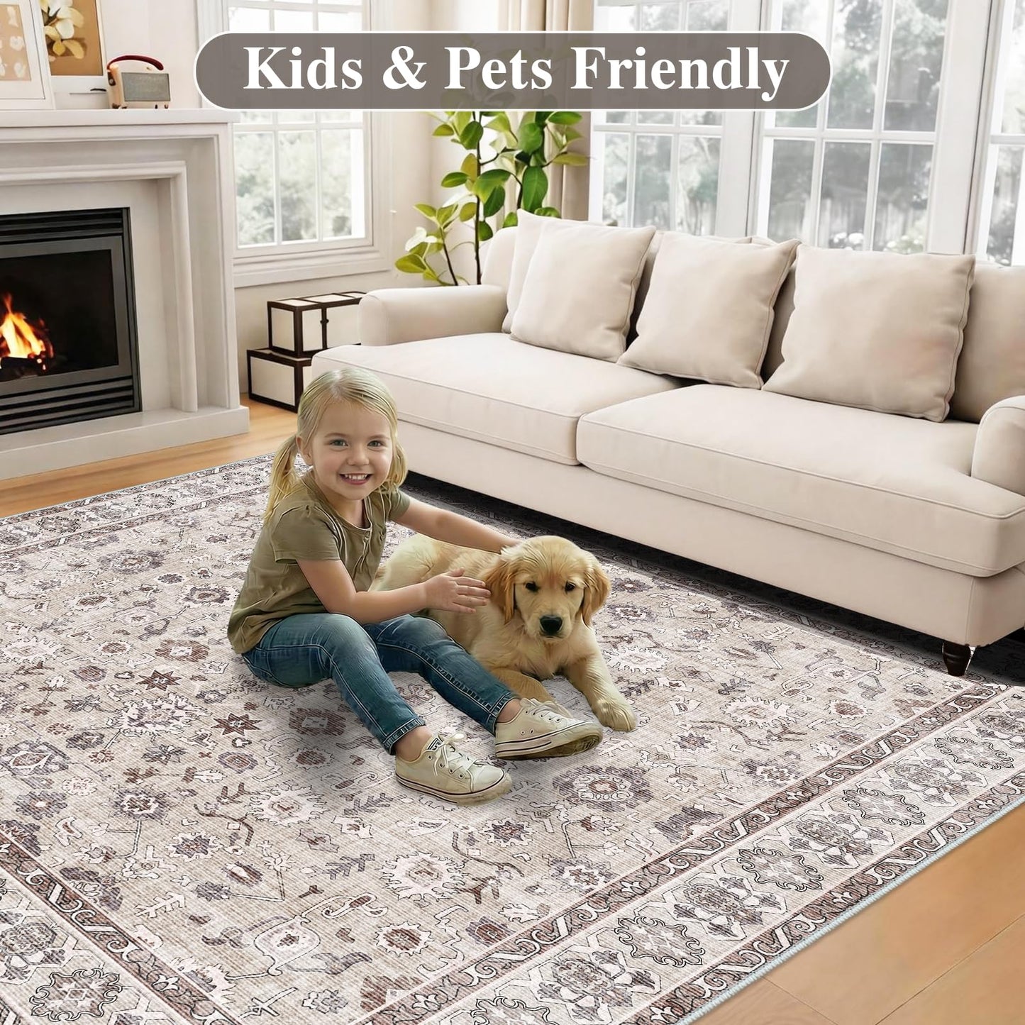 Washable 3x3 Square Rug for Entry Bathroom Kitchen Bedroom Carpet - Non Slip Stain Resistant Low Pile Soft Door mat - Protect Hardwood and Laminate Flooring Floral Farmhouse Decor 3x3 Beige