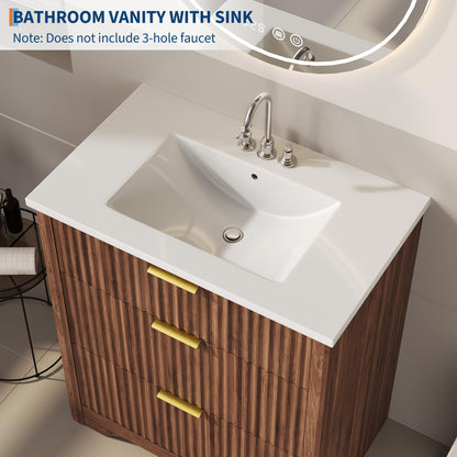 IDEALHOUSE 30" Walnut Fluted Bathroom Vanity with Sink, Farmhouse Freestanding Bathroom Sink Cabinet with 2 Drawers & 1 Flip-Down Drawer, Easy Assembly & Cleaning