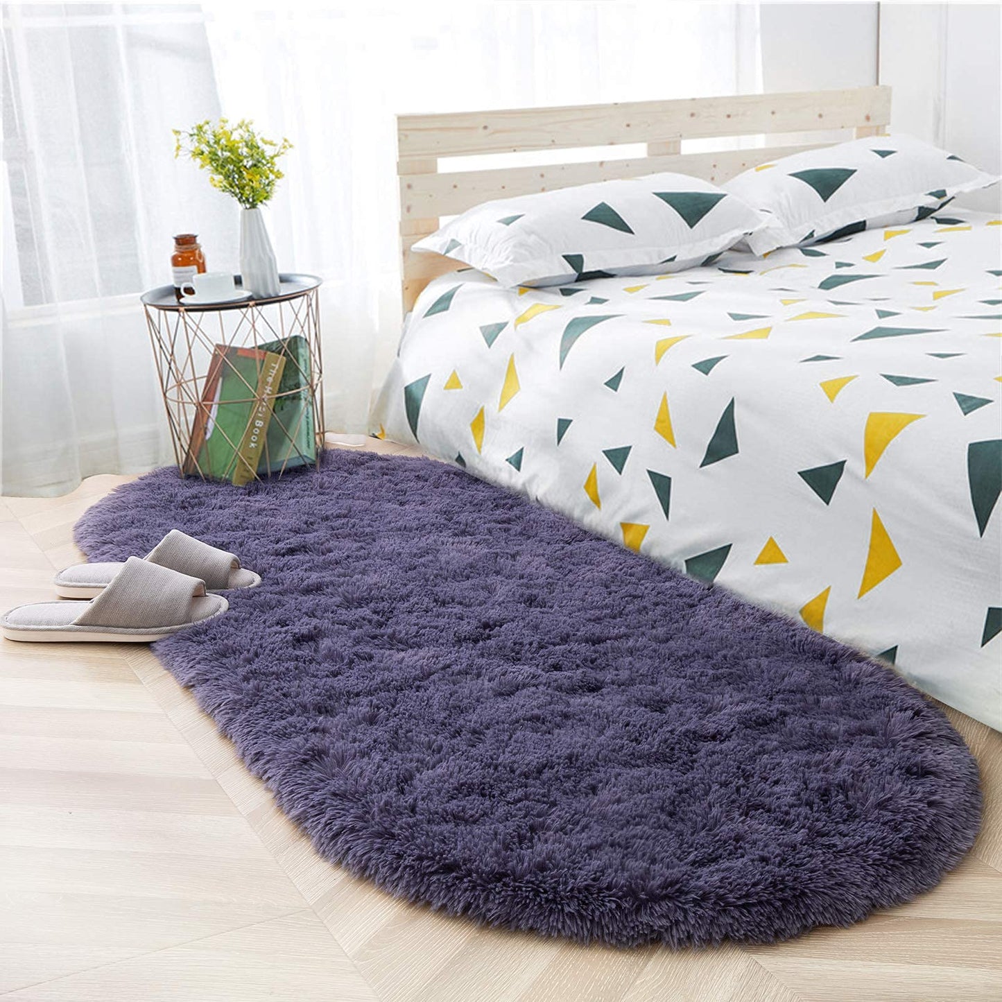 ISEAU Oval Fluffy Rug Carpets, Modern Plush Shaggy Area Rug for Kids Bedroom Extra Comfy Cute Nursery Mat Bedside Mats for Boys Girls Room Home Decor, 2.6 x 5.3ft, Grey Purple