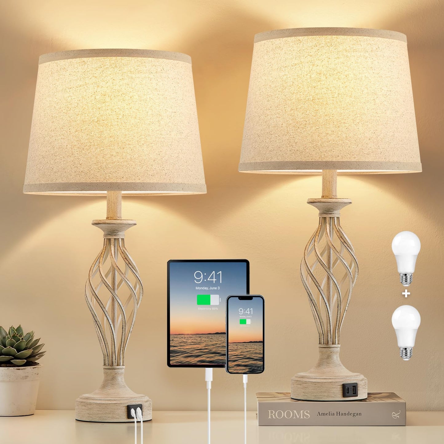 EJIAXIN Bedside Table Lamp for Bedroom Set of 2 - Beige Nightstand Lamps with USB C+A Ports,Rustic Distressed Farmhouse Bedroom Lamp - Lamp for Living Room Reading Bed Side End Table Bulbs Included