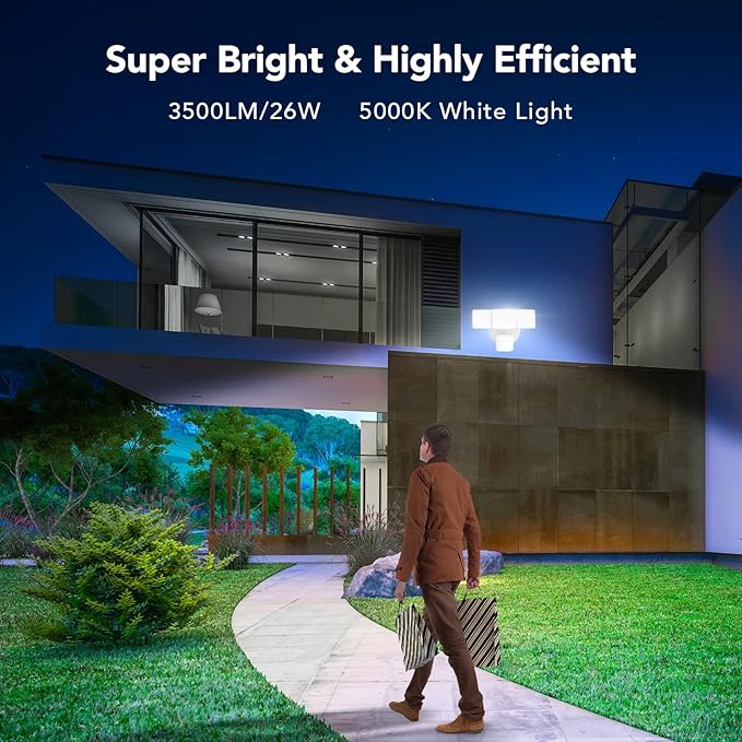 OREiN Motion Sensor Outdoor Lights – LED Flood Light, Bright & Energy-Efficient Security Light, 26W, 3500LM, 5000K Daylight, IP65 Waterproof, Dusk to Dawn, Ideal for Garage, Driveway, Backyard (White)
