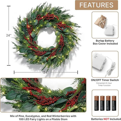 LampLust Winter Wreaths for Front Door Outside, 24 Inch Cypress & Eucalyptus Wreath with Red Berries 100 LED Lights, Timer, Battery Powered, Farmhouse Wreath Year Round, Winter Wreaths for Indoors