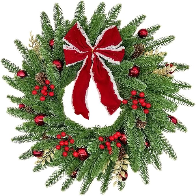Pine Branch, Red Berry and Bow Christmas Artificial Wreath Silk for Front Door Home Wall Holiday Christmas Festival Decor (18 inches)