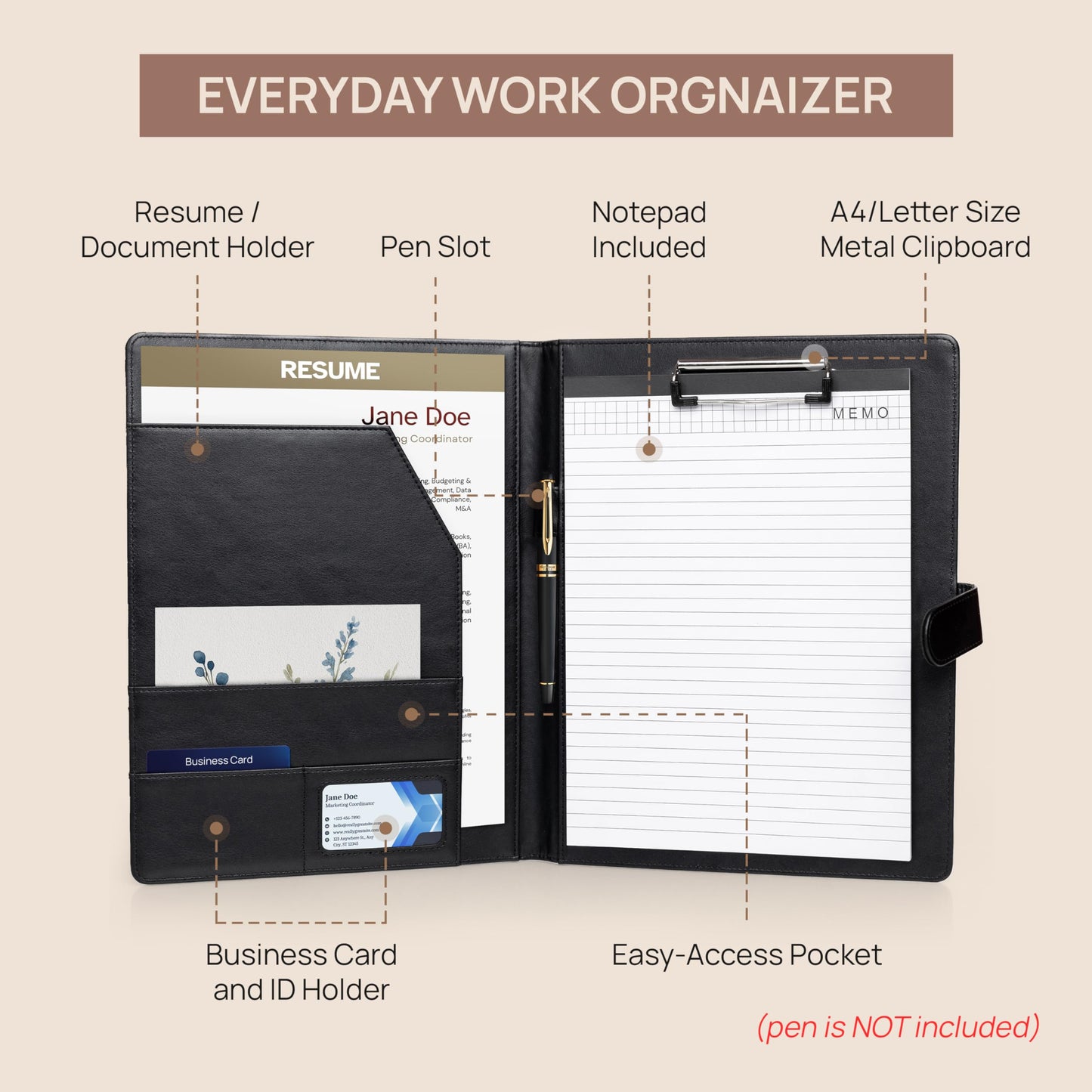 Professional Padfolio with Notepad Included | Faux Leather Portfolio Folder with Clipboard, Resume Folder, Legal Pad Holder, Business Card Holder | A4 Letter Size | Black