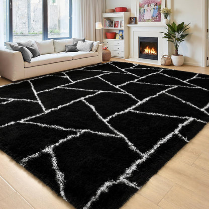 FALARK Fluffy Area Rugs for Living Room Bedroom, Modern Geometric 4x6 Feet Black Rug, Soft Plush Shaggy Fuzzy Floor Bedside Carpet for Nursery Kids Girls Boys Teen Dorm Home Office Decor