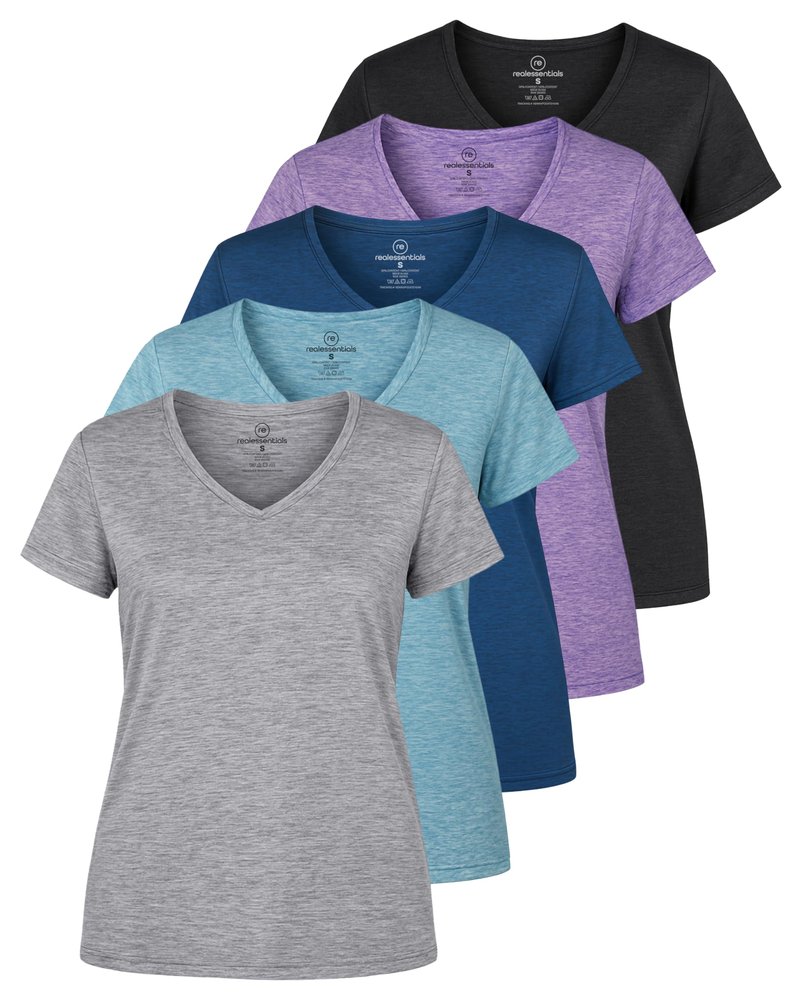 Real Essentials 5 Pack: Women's Dry-Fit Short Sleeve V Neck T Shirt Workout Fitness Yoga Top Tee, Set 1, XL