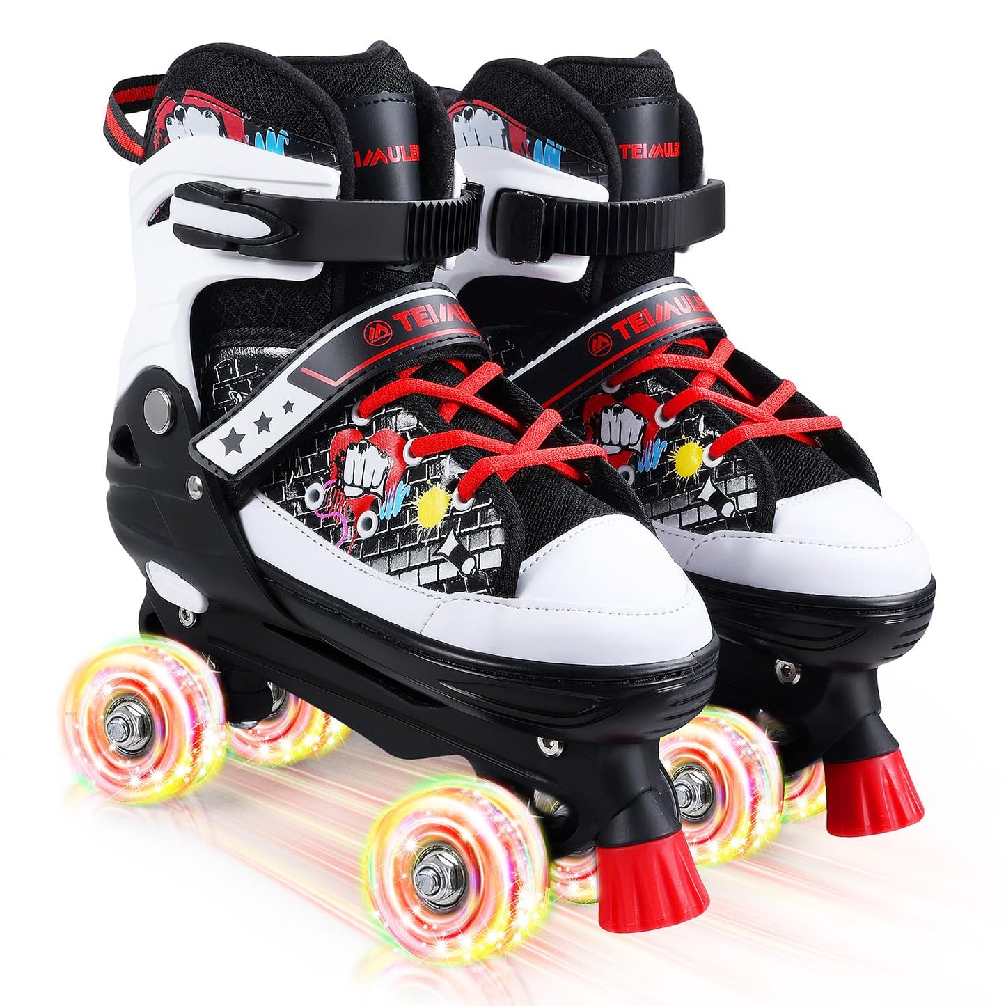 Kids Roller Skates, 4 Size Adjustable Quad Skates with All Light Up Wheels, 10C to 8 Rollerskates for Toddlers, Beginners, Boys, Girls, Outdoor, Indoor, Black, Large