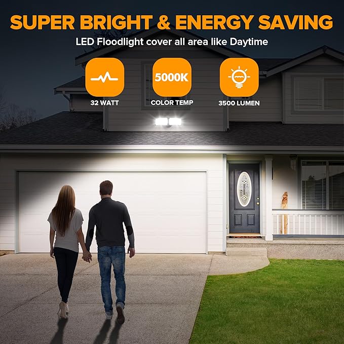 LUTEC 32W 3500LM Integrated Dual-Head LED Flood Light Outdoor,Switch Controlled LED Security Light,5000K Wall Mount Exterior Flood Light,P65 Waterproof for Garage, Yard, Patio-Black
