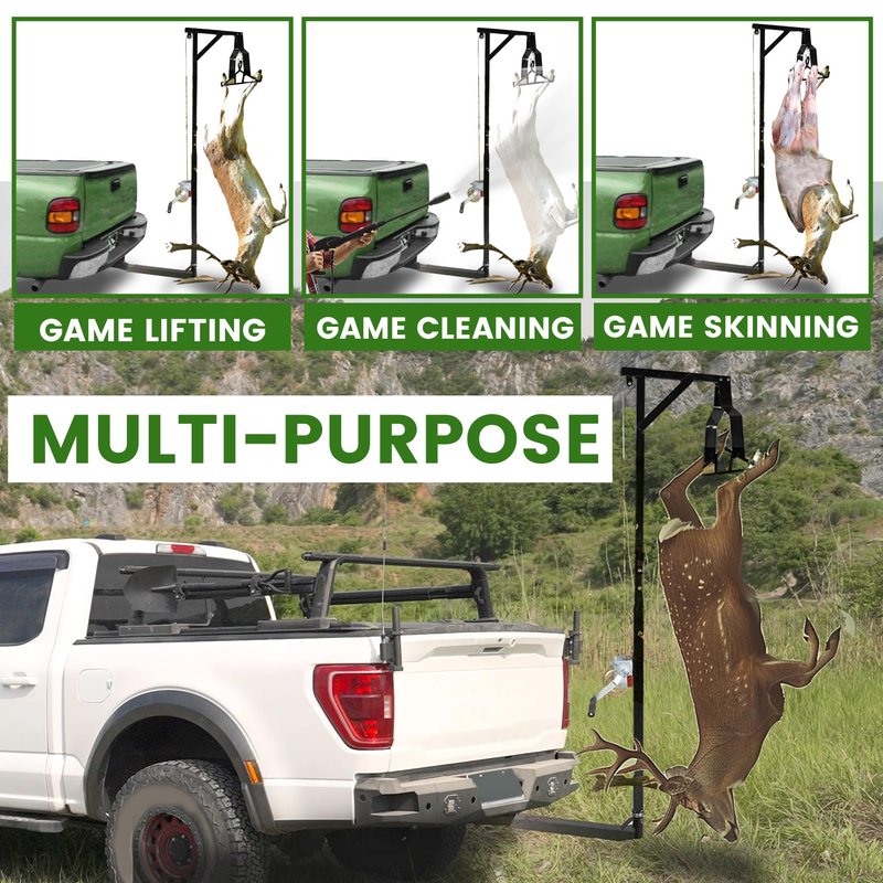 ECOTRIC Truck 2" Hitch Game Hunting Hoist, 600LB Big Game Hunting Deer Hoist, Include Gambrels Winch for Skinning or Cleaning Game, Winch Lift Gambrel Set 360 Degree Swivel Hitch Mounted