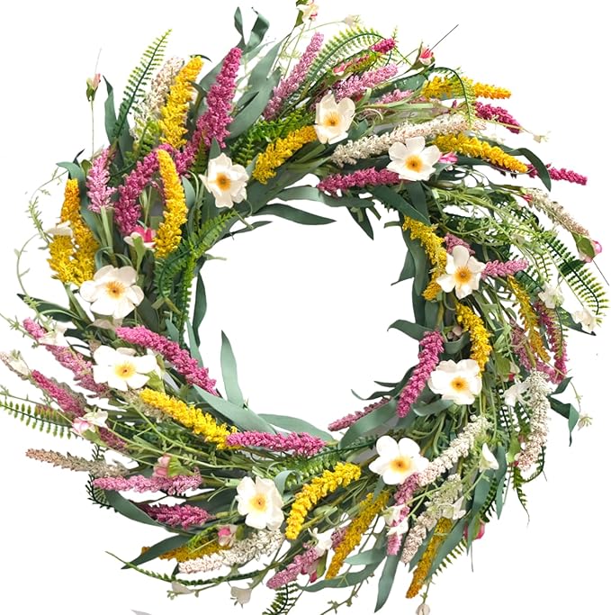 22 Inch Spring/Summer Floral Wreaths for Front Door 22inch Artificial Daisy Flower Yellow Pink Wreath for Front Door Wreath Hanging Wall Window Party