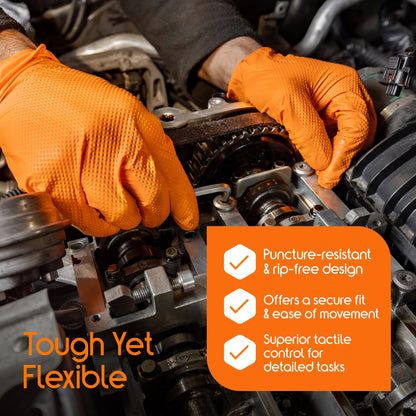 Inspire Heavy Duty Orange Nitrile Gloves Disposable Latex Free | ULTRA 8 Mil Diamond Textured Grip | Industrial Mechanic Food Large, 100 Count