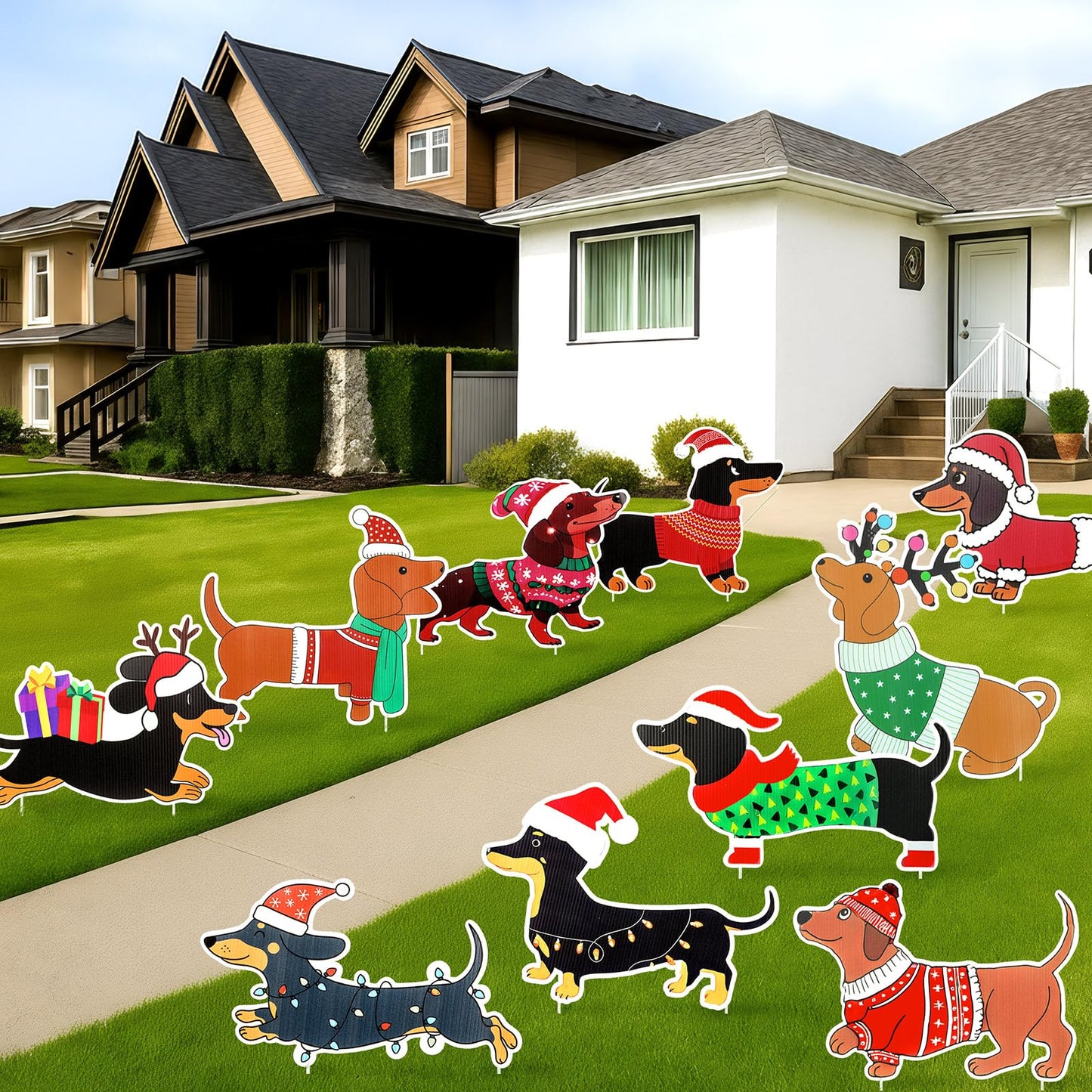 AceOrbit 10 Pcs Dachshund Christmas Yard Signs with Stakes Xmas Dog Yard Decor Waterproof Christmas Decorations Puppy Lawn Signs for Xmas Holiday Winter Farmhouse Garden Patio Pathway Outside Decor