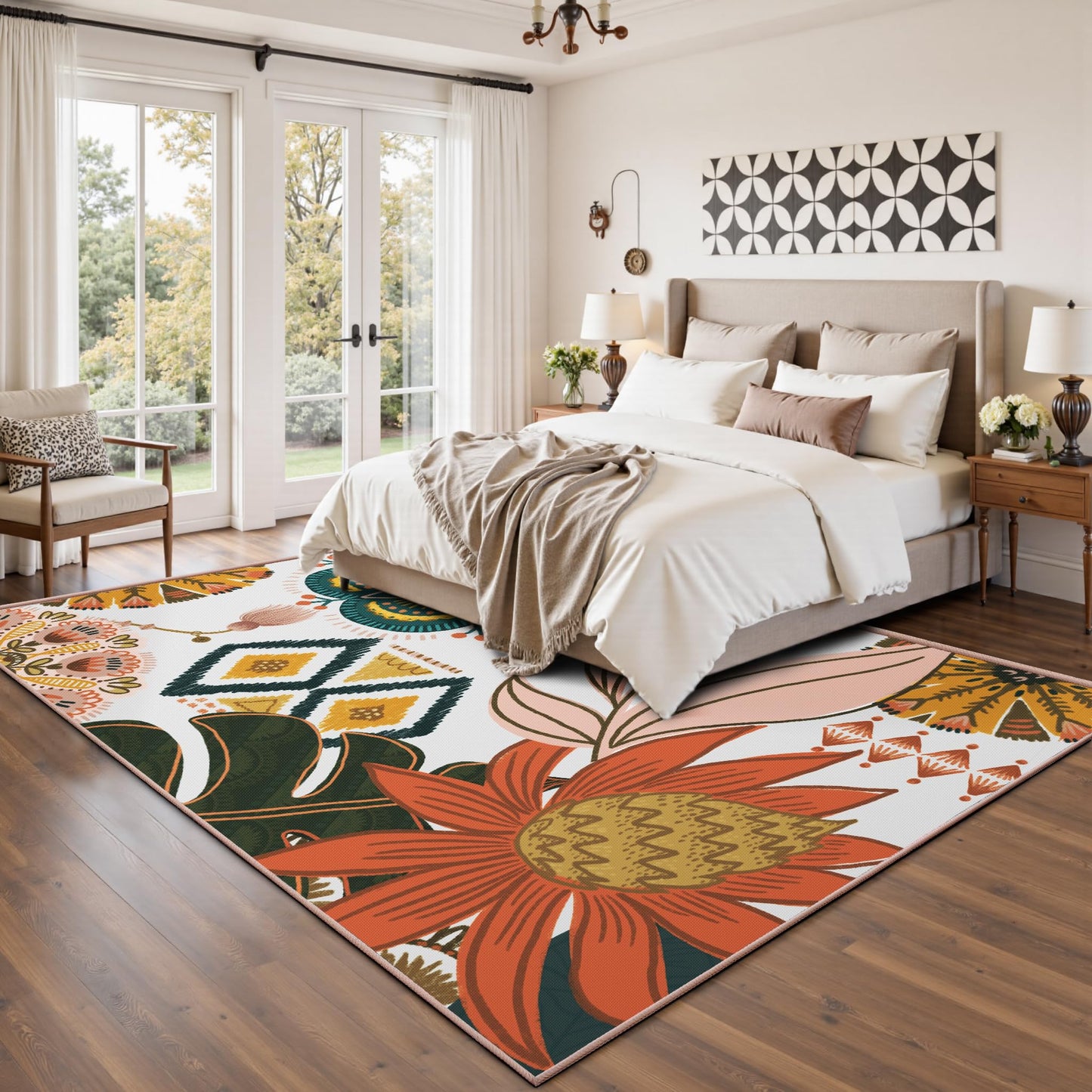 Tyrot Boho Floral Living Room Rug, 5x7 Rug Washable Botanical Area Rugs Flat Woven Ultra-Thin Non Slip Low Pile Carpet for Bedroom, Dining Room, Office, Kids Room, Blush Pink