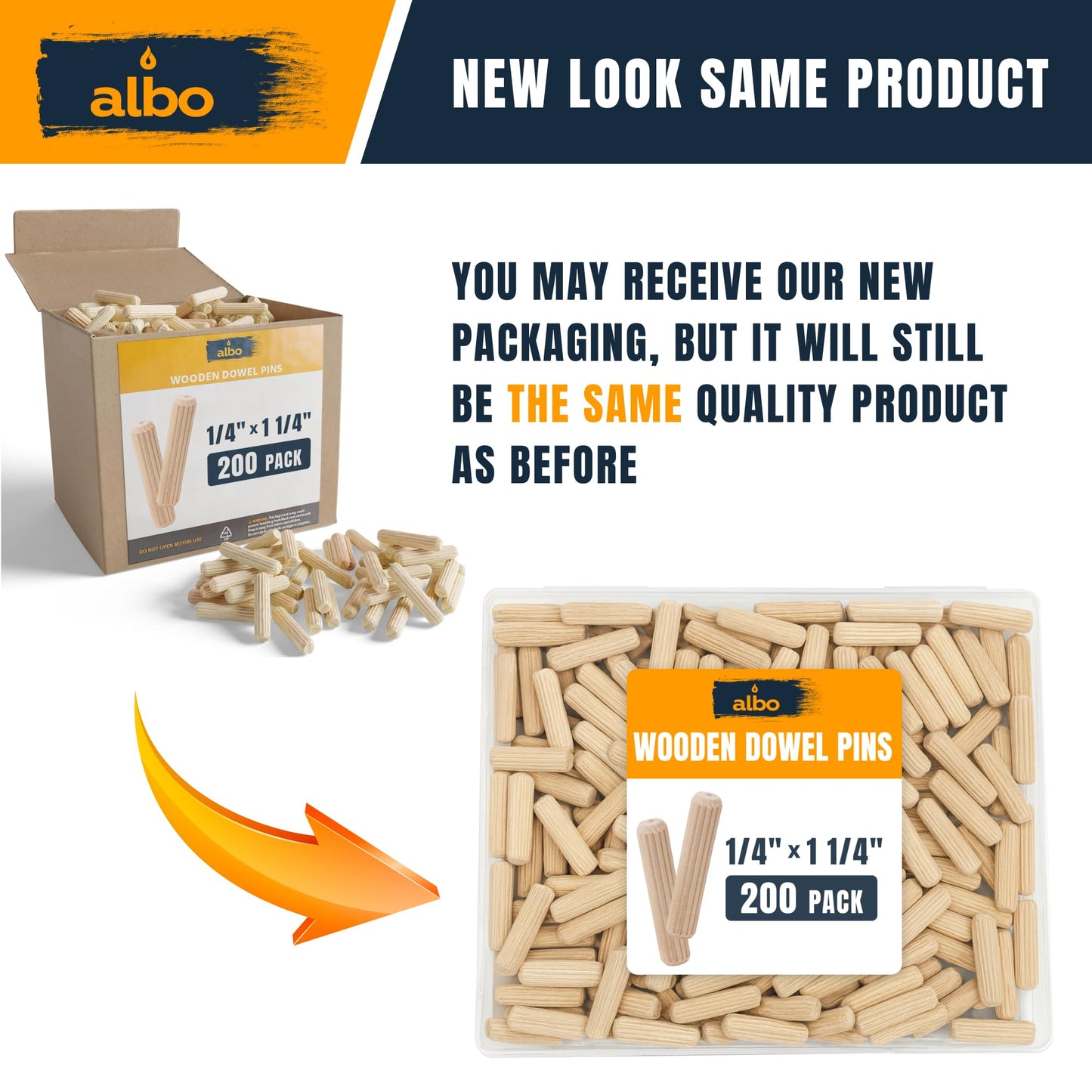 ALBO Wooden Dowel Pins 1/4 x 1-1/4 inch Fluted Wood Dowels Rods 200 Pack Hardwood Crafts Dowel Pegs