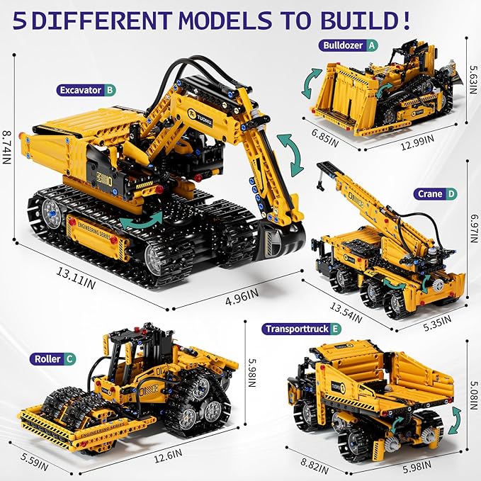 5 in 1 STEM Building Block Set for Kids Ages 8-14 Remote Control and App Controlled Excavator/Crane/Truck/Bulldozer/Roller Birthday Gift for 8 9 10 11 12+ Years Old
