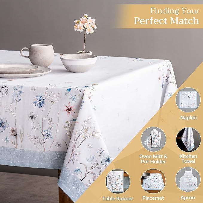 Maison d' Hermine Table Cloth Rectangle Table 100% Cotton 60 x 90 Inches Fall Tablecloth Reusable Everyday Use for Thanksgiving Christmas Decorations Dining Farmhouse Party (Ice Florals)