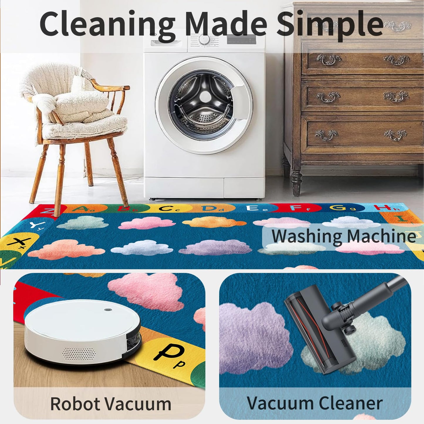Kids Classroom Seating Rug for 12 Children, 5x7 Alphabet Circle Time Carpet, Educational Preschool Learning Rug with Colorful Cloud Seats, Non-Slip Area Rug for Daycare Playroom