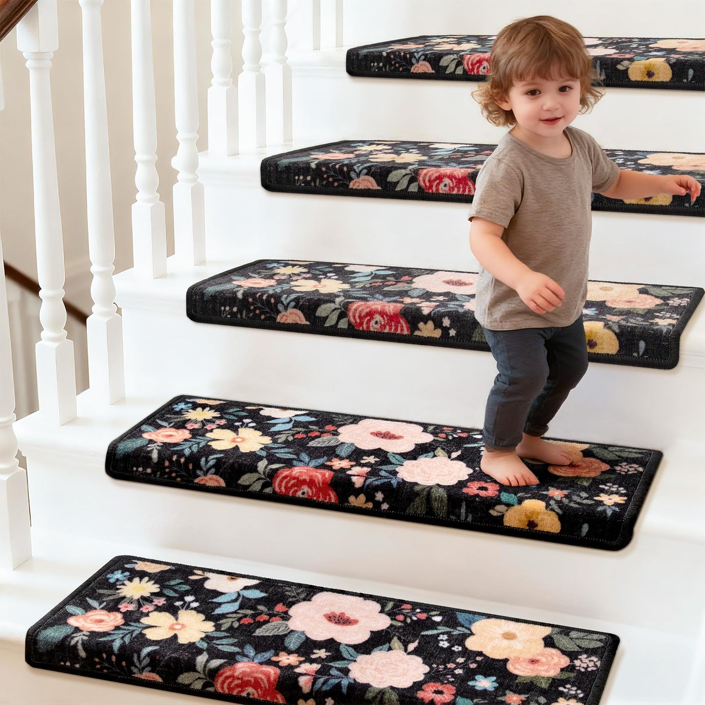 RORA Bullnose Stair Treads for Wooden Steps,Non-Slip Peel and Stick Stair treads Stair Carpet for Indoor Runner and Pets,Floral Stair Rugs,Soft Washable Staircase 14pcs 29.5 ''x9.5 ''x1.5 ''