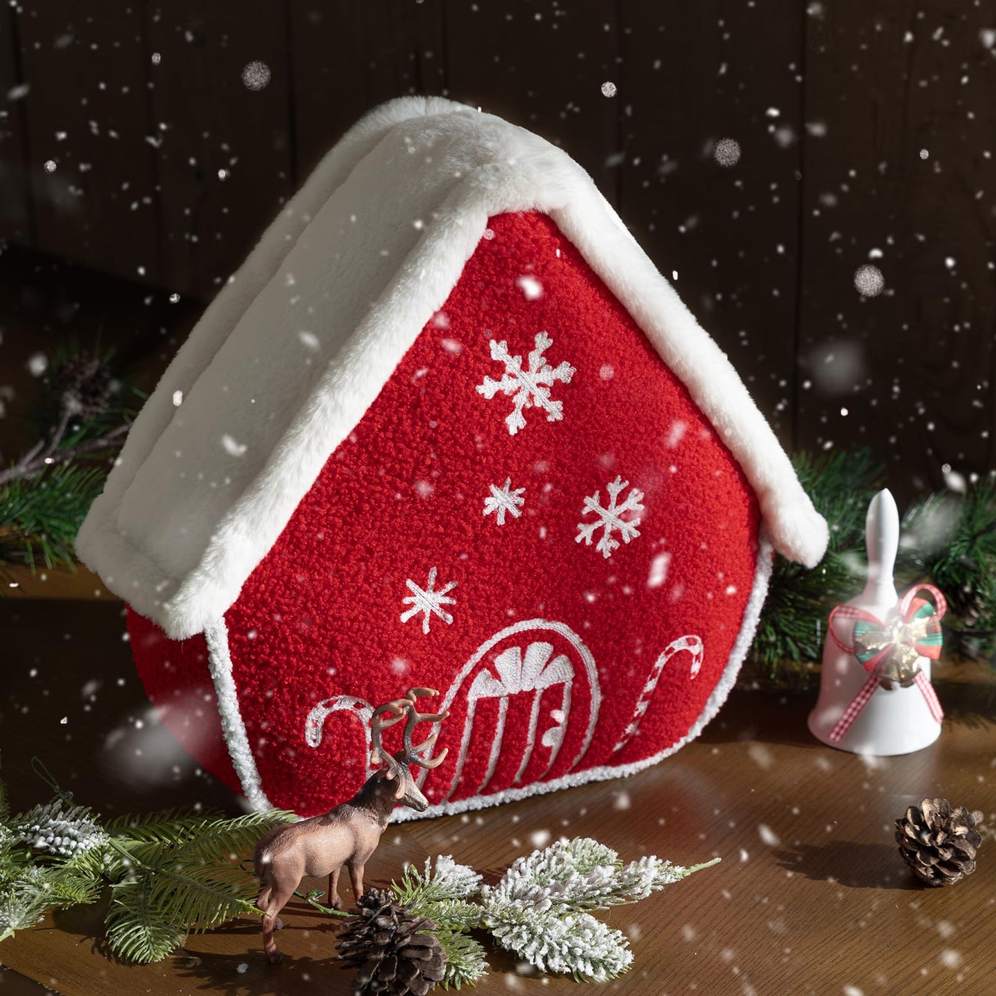 Phantoscope Gingerbread House Merry Christmas Throw Pillow, Plush Faux Rabbit Fur Roof Embroidered Teddy Gingerbread House Shaped Pillows Xmas Decorative Cushion Pillows, Red, 12 x 13 inches