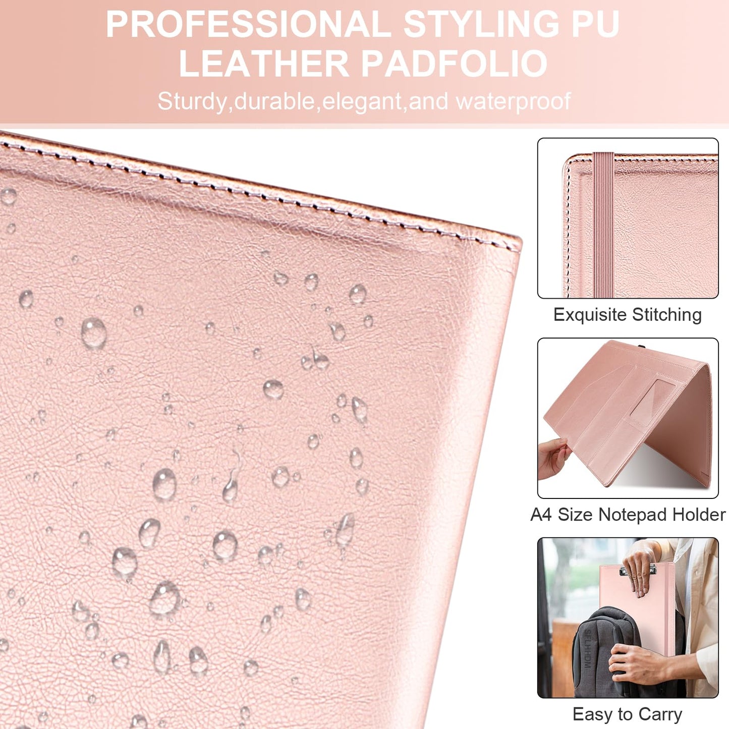 Clipboard Padfolio with Storage Pocket, Clipboard Folder Portfolio Organizer, 360 Degree Foldable Clipboards with Refillable Notepad,Faux Leather Padfolio Organizer for Office School Supplies-Pink