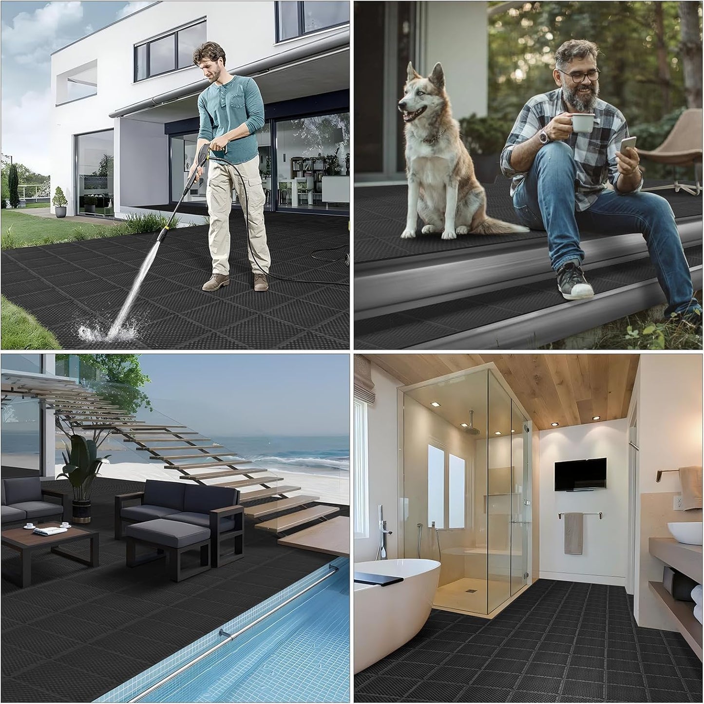 16 PCS Modular Interlocking Cushion Interlocking Floor Tiles with Hole Drainage Mat 10" x 10" Non Slip Pool Deck Mat Outdoor for Drain Deck Pool Patio Shower Kitchen Balcony (Black)
