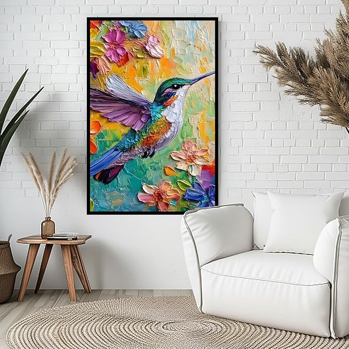 2D No Texture Colorful Painting Hummingbird Canvas Wall Art, Spring Flower Wall Decor, Hummingbird Picture for Wall Living Room Bathroom Bedroom Home Decoration 12*18 in (Stretched Canvas on A Wooden Frame)