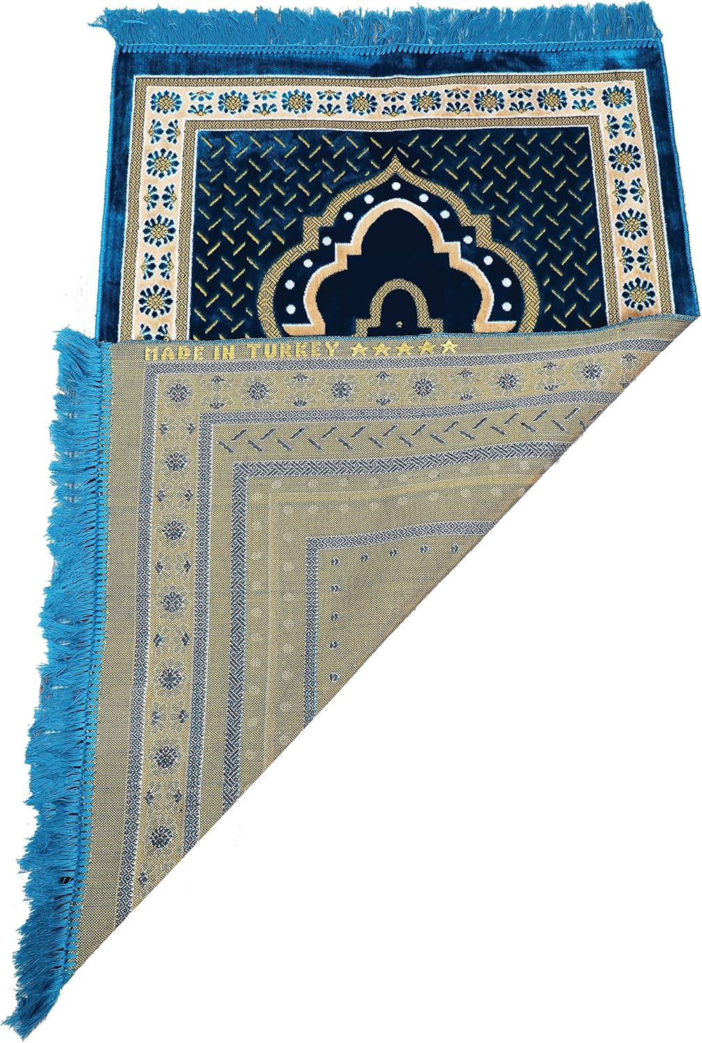 TB Muslim Prayer Rug Islamic, Soft Velvet Mat Ramadan Gift, with Prayer Bead Unique Decoration Gilded Gold-Like Embroidered for Women Man Kids Meditation Turkish African (Blue)