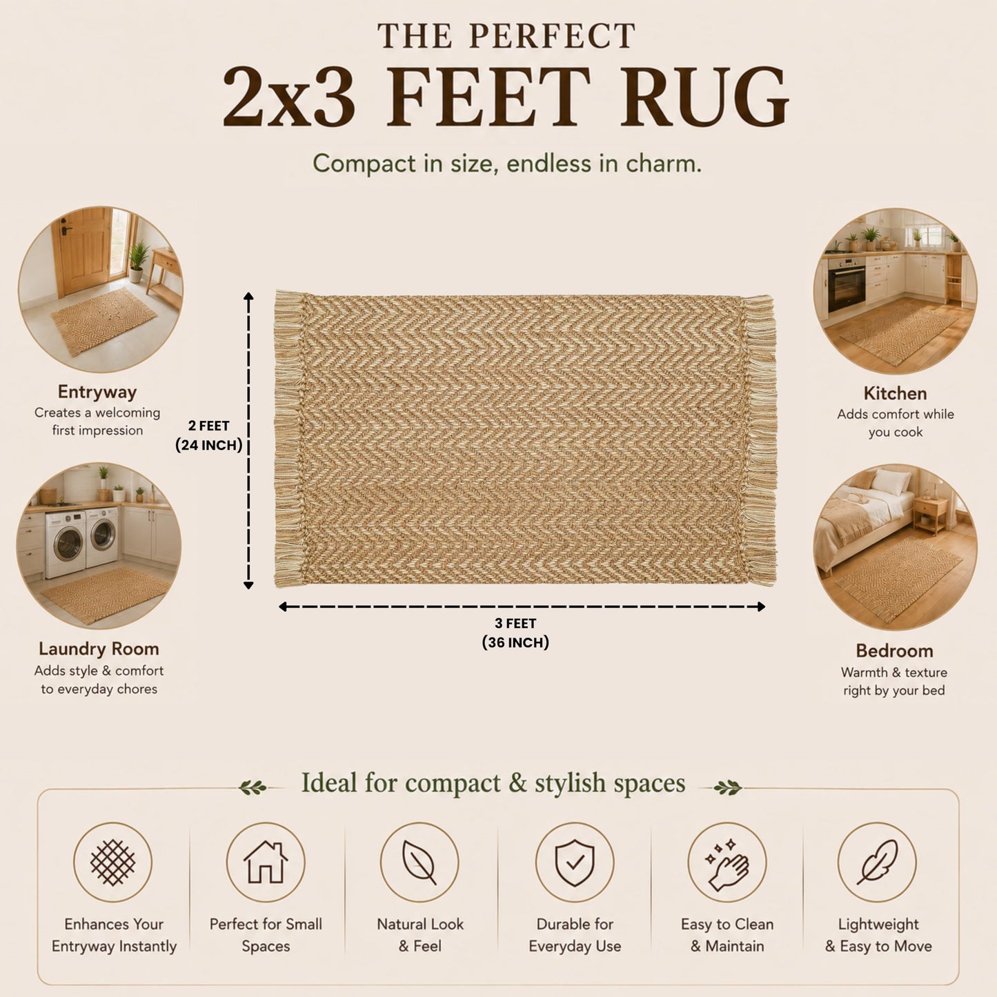 Chevron Weave with Fringes Woven Area Rug 2x3 Ft - Beige, Small Soft Decorative Reversible Front Door Mats Ideal for Entryway, Kitchen, Nursery, Office | Farmhouse Brown Accent Indoor Space Decor Mat