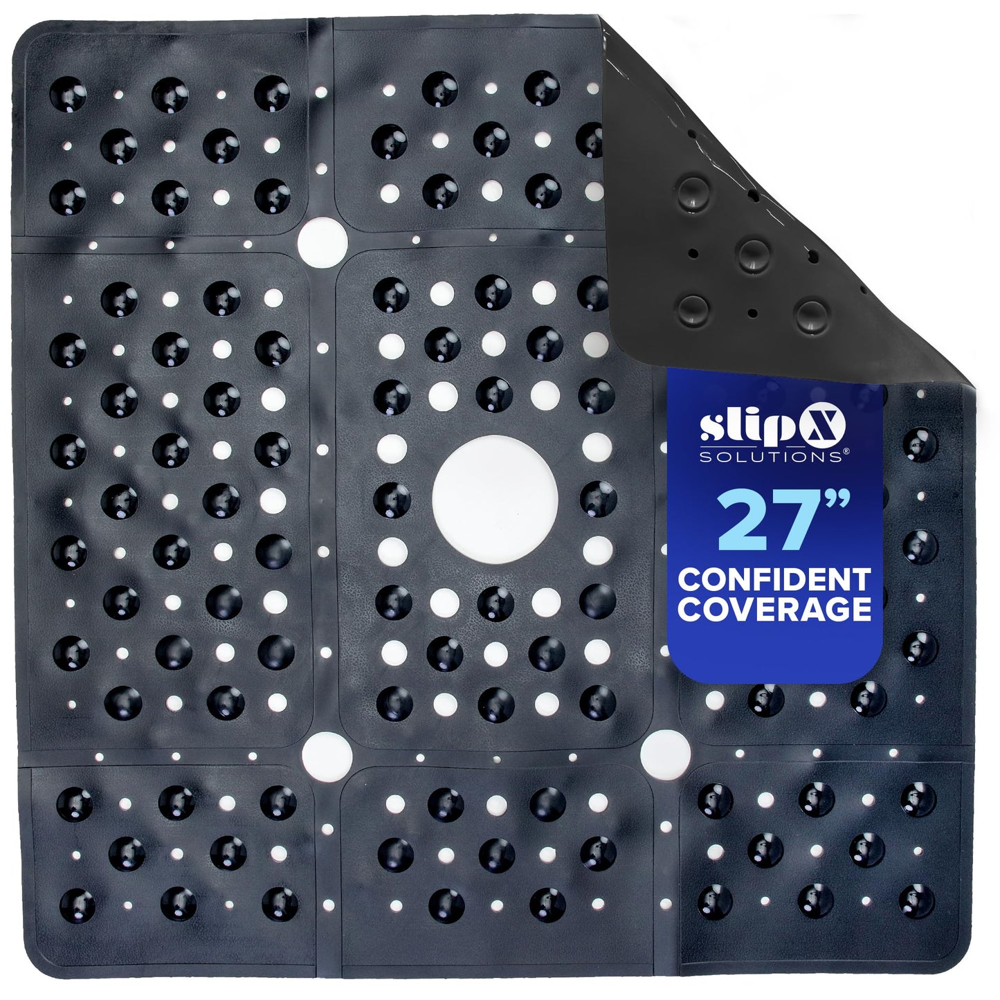 SlipX Solutions 27" Oversize Square Shower Mat, Non-Slip Mat for Elderly & Kids, 100+ Power Grip Suction Cups for Smooth Surfaces, Machine Washable, Black