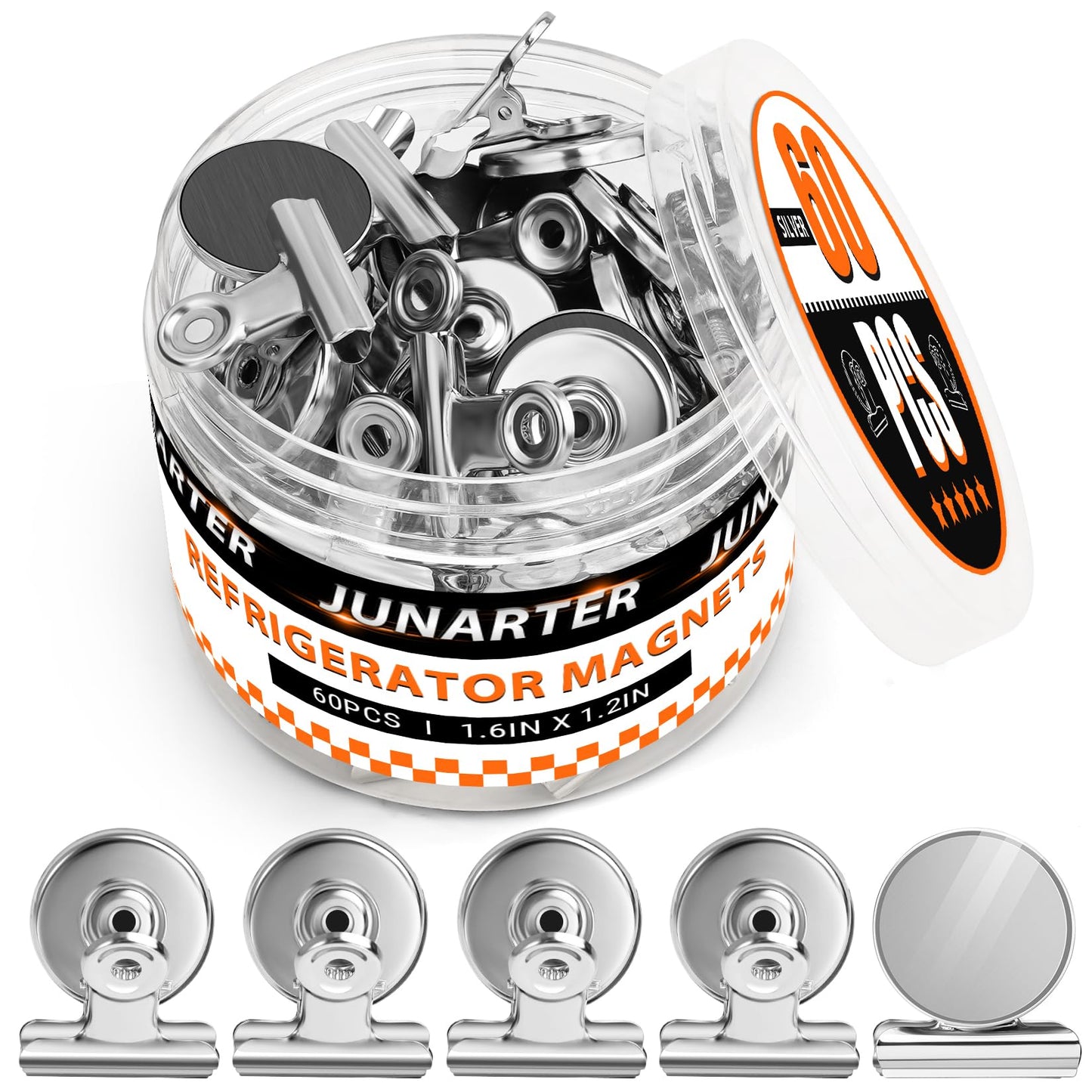 Junarter 60 Pack Magnetic Clips Heavy Duty, Silver Magnet Clips for Fridge, Refrigerator Magnets, Strong Magnetic Clip, Scratch Free Magnets with Clip for Whiteboard, Refrigerator, Locker
