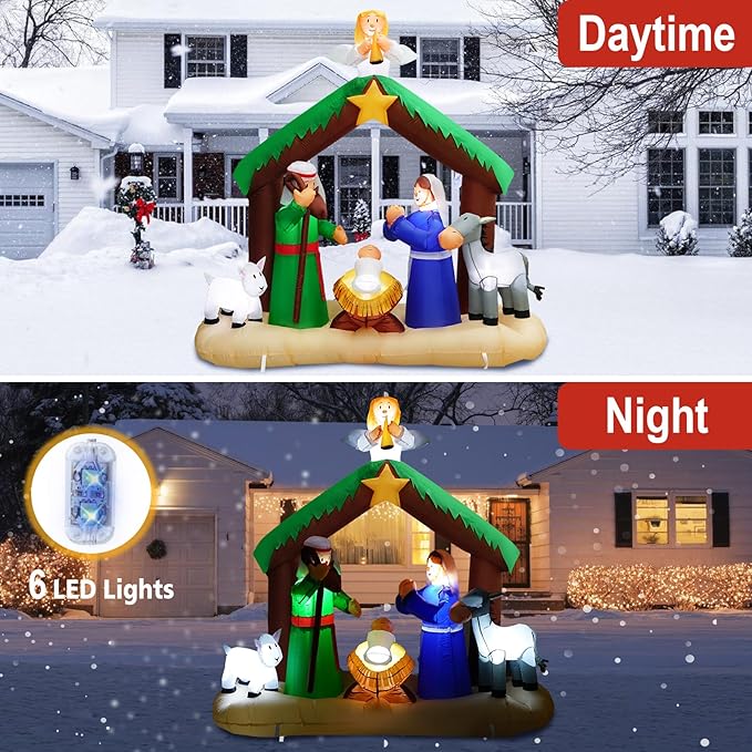 6.4 FT Christmas Inflatable Nativity Jesus Stable Christmas Angel Scene Decorations, Christmas Blow up Yard Decoration Built-in 6 LED for Christmas Decorations Outdoor Indoor Xmas Gifts