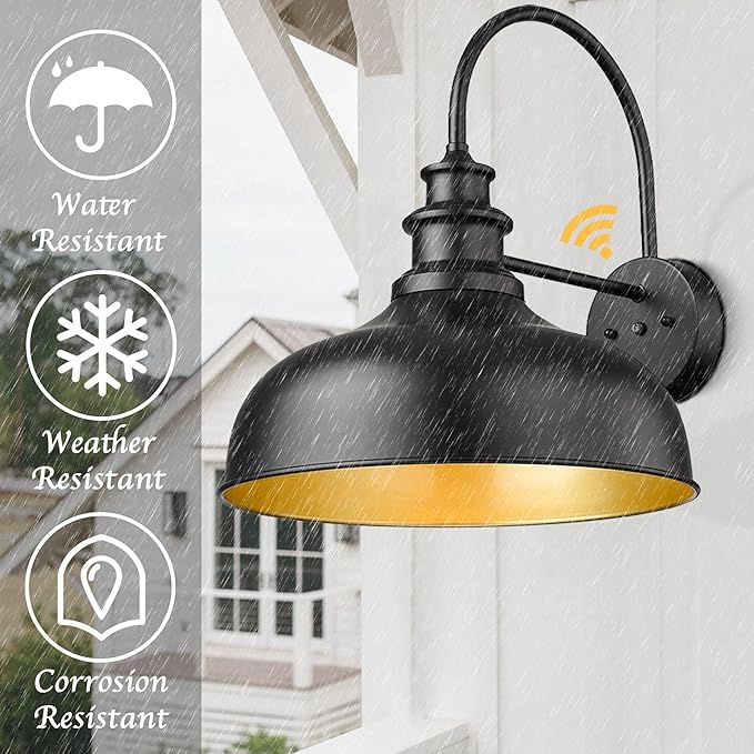 Bestshared 16 Inch Dome Large Dusk to Dawn Sensor Gooseneck Barn Light Farmhouse Outdoor Wall Sconce Industrial Exterior Wall Lighting Fixture, Outside Lantern Garage Lamp (Black+Gold,16” Dome-1Pack)