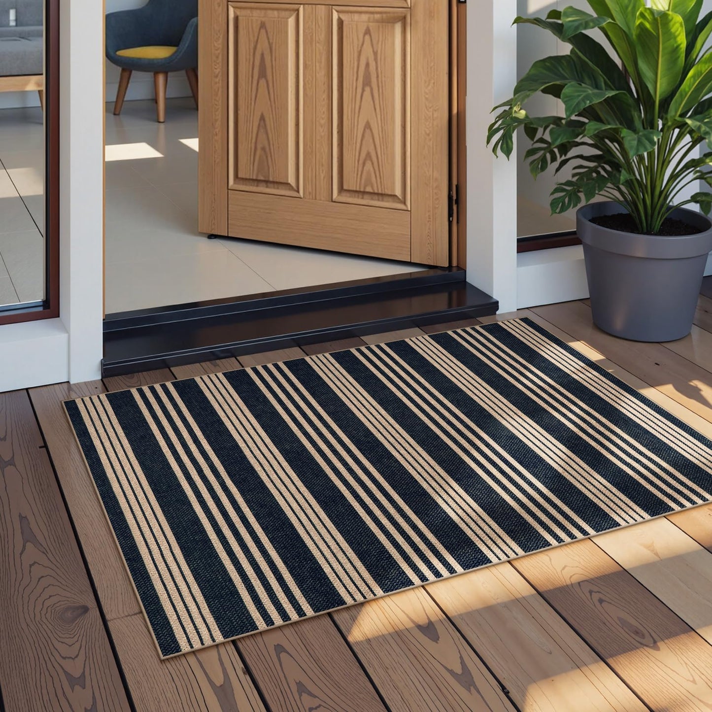 Lahome Elance Striped Easy Jute Front Door Mat, 2x3 Washable Kitchen Rug Small Indoor Outdoor Rugs for Entryway, Farmhouse Neutral Lightweight Non Slip Black Carpet for Foyer