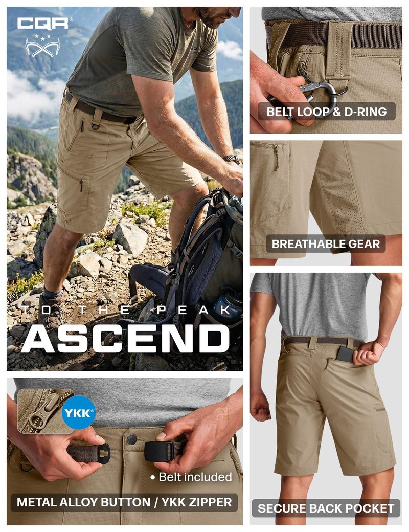 CQR Men's Quick Dry Stretch Hiking Cargo Shorts, Lightweight Water Resistant Tactical Casual, Golf & Outdoor with Pockets, Peak Alamo Khaki, 34W x 10L