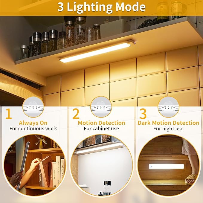 Wireless Under Cabinet Lighting 16 Inch 3 Pack, Magnetic Motion Sensor Light Indoor USB C Rechargeable Closet Lights, 3 Color Dimmable LED Night Light Stick on Under Counter Lights for Kitchen Stairs
