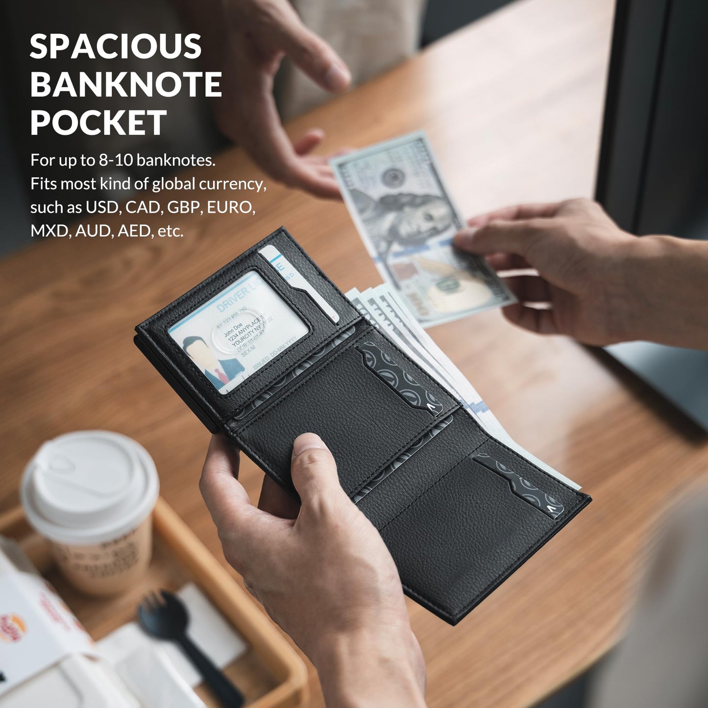 VULKIT Card Holder Wallet with Coin Pocket Magnetic Closure Pop Up Cards With ID Window Leather Wallet for Cash & Credit Cards, Grain Black