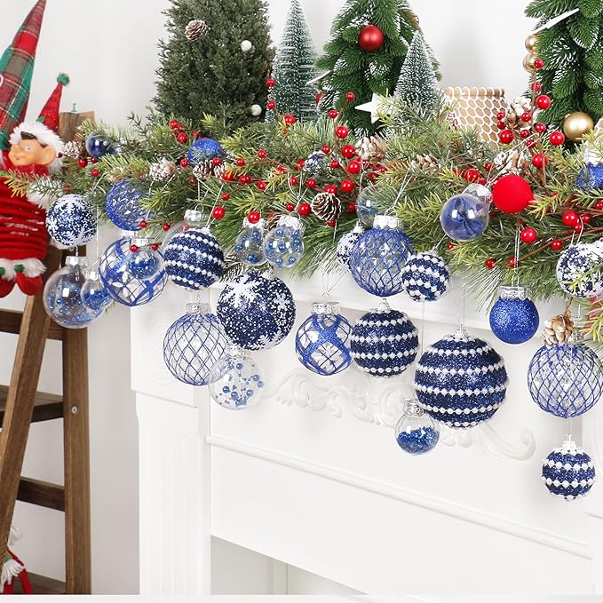 Super Holiday Christmas Ball Ornaments, 33PCS Blue Clear Shatterproof Plastic Foam Ornaments Set for Hanging Xmas Tree Holiday Thanksgiving Party Decor.