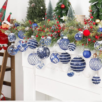 Super Holiday Christmas Ball Ornaments, 33PCS Blue Clear Shatterproof Plastic Foam Ornaments Set for Hanging Xmas Tree Holiday Thanksgiving Party Decor.