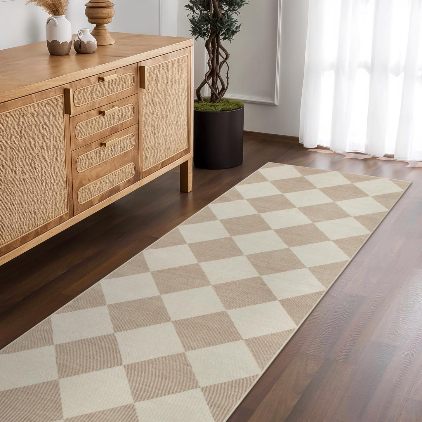 Beeiva Checkered Print Rug Runners for Hallways Non Slip 2.5x8, Ultra Thin Beige Kitchen Runner Rugs Non Skid Washable, Classic Neutral Gingham Decor Faux Wool Carpet for Bathroom Bedroom Entryway