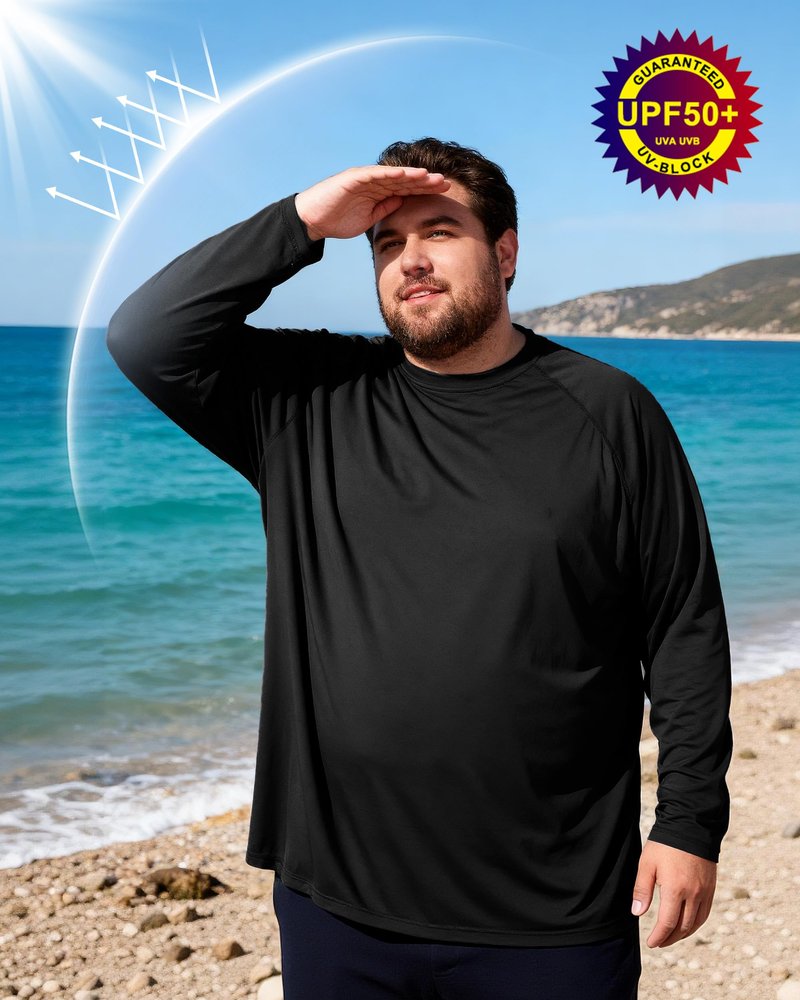 Roadbox Men's Big and Tall UPF 50+ UV Sun Protection Shirts, Long Sleeve Cooling Rash Guard Quick Dry Fishing Swim T-Shirt Black